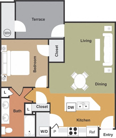 Floor plan for 1 bed, 1 bath, 856 sqft